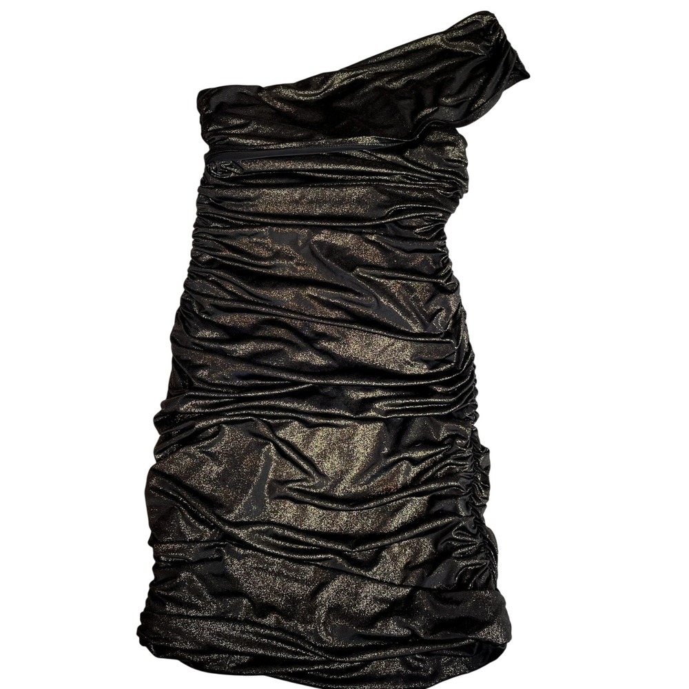 Fredericks of Hollywood Womens Small Black Gold One Shoulder Ruched Mini Dress